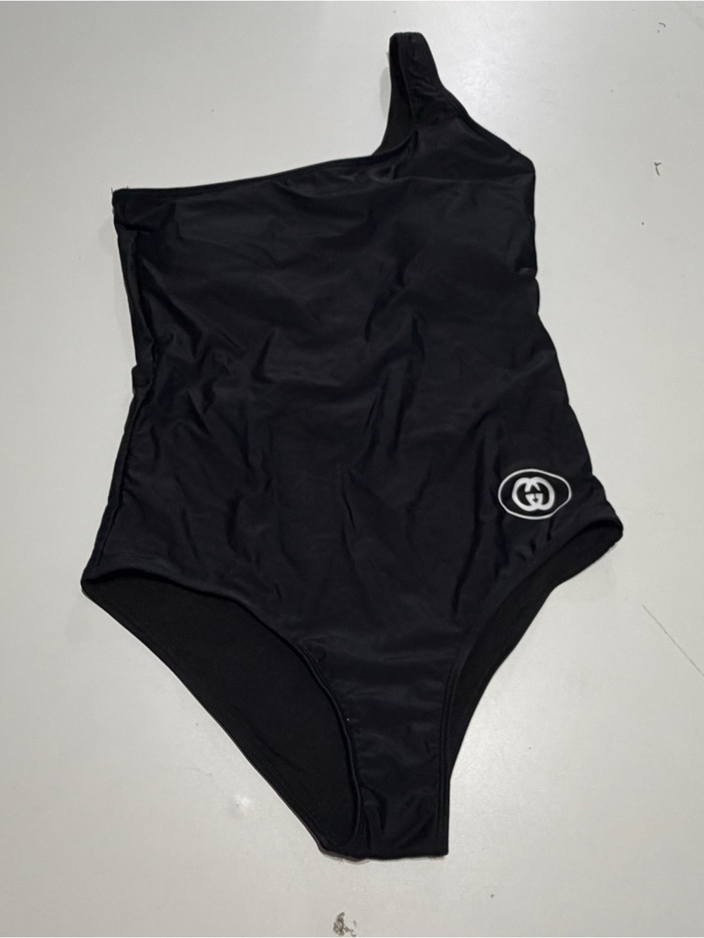 Gucci Black One-Shoulder Logo One-Piece Swimsuit